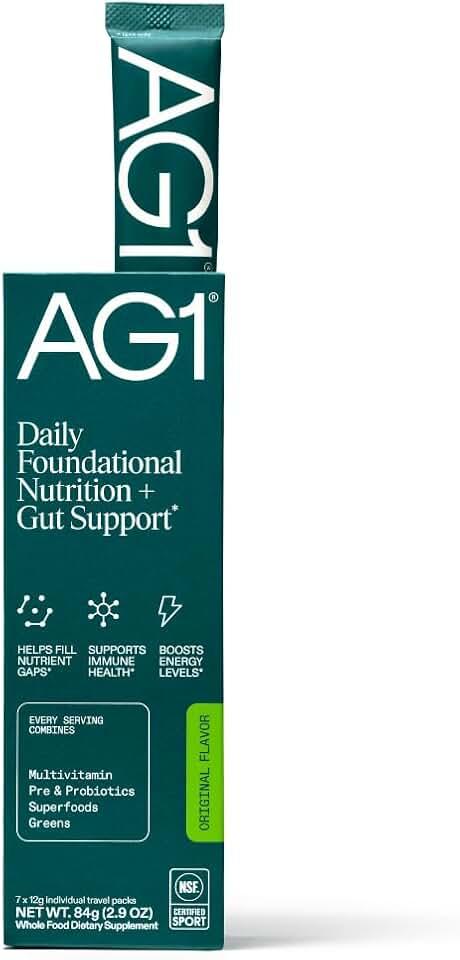 AG1 Greens Powder Probiotic with Vitamin B12 and CoQ10, Travel Packs 7ct | Includes Digestive Enzymes, Adaptogens and Wh