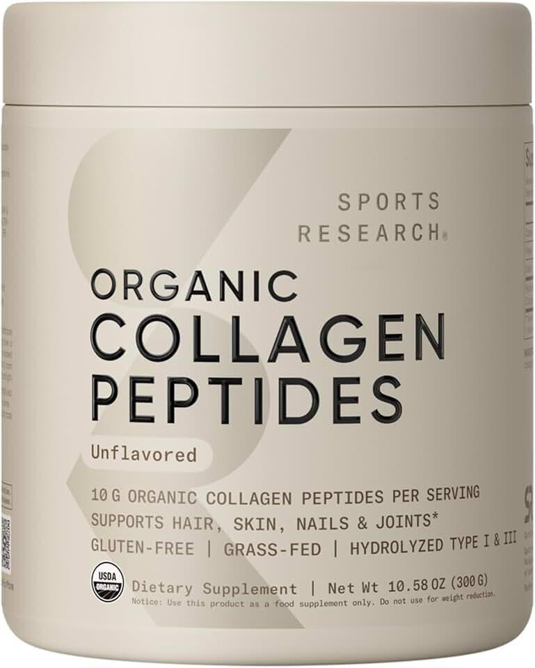 Sports Research Organic Collagen Peptides - Hydrolyzed Type I &amp; III Collagen Protein Powder Made Sustainably from Gr