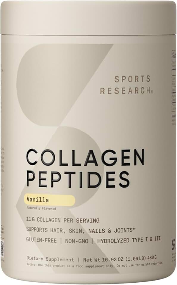 Sports Research Péptidos de Colágeno Hidrolizado Tipo 1 y 3 Vainilla 480 g | Aporta 11 g de colágeno, 18 aminoácidos y 1