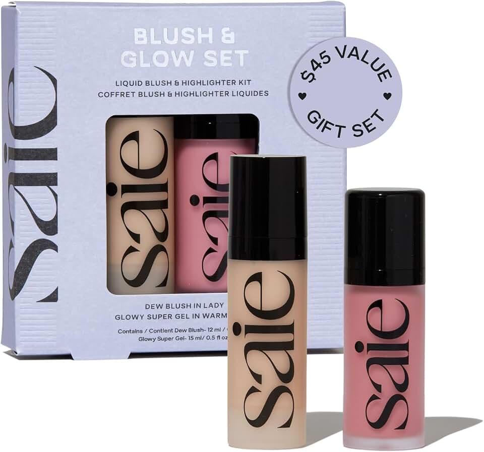Saie Blush &amp; Glow Holiday Gift Set - Dew Blush for Cheeks &amp; Glowy Super Gel Liquid Highlighter - Skincare Infuse