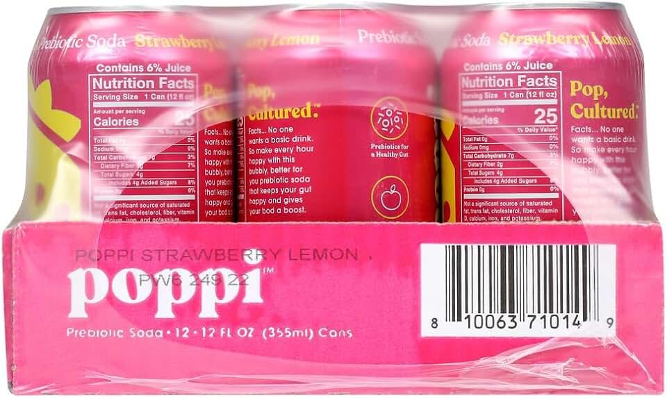 Poppi Sodas prebióticas de fresa y limón, 12 onzas