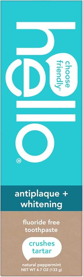 Hello Oral Care Fluoride Free Antiplaque and Whitening Toothpaste, Vegan &amp; SLS Free, Natural Peppermint with Tea Tre