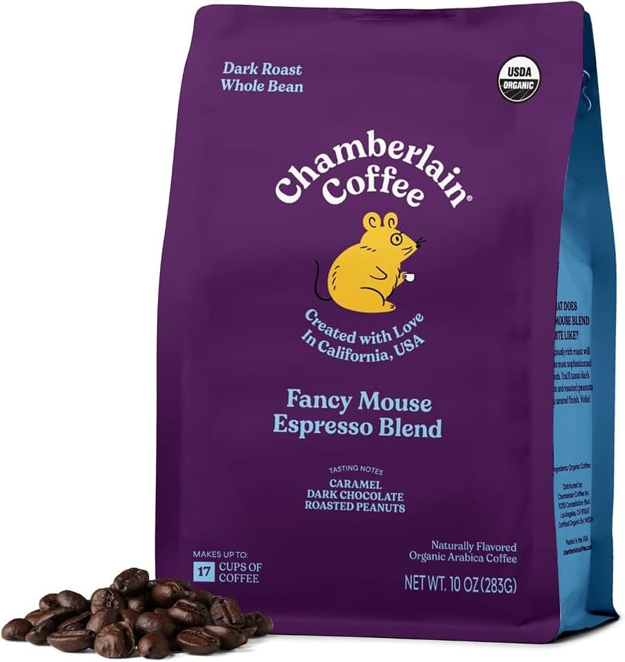 Chamberlain Coffee Fancy Mouse Mezcla Espresso - Extra Negrita, Tostado Oscuro, Café Orgánico, Grano Entero, 12Oz USDA O