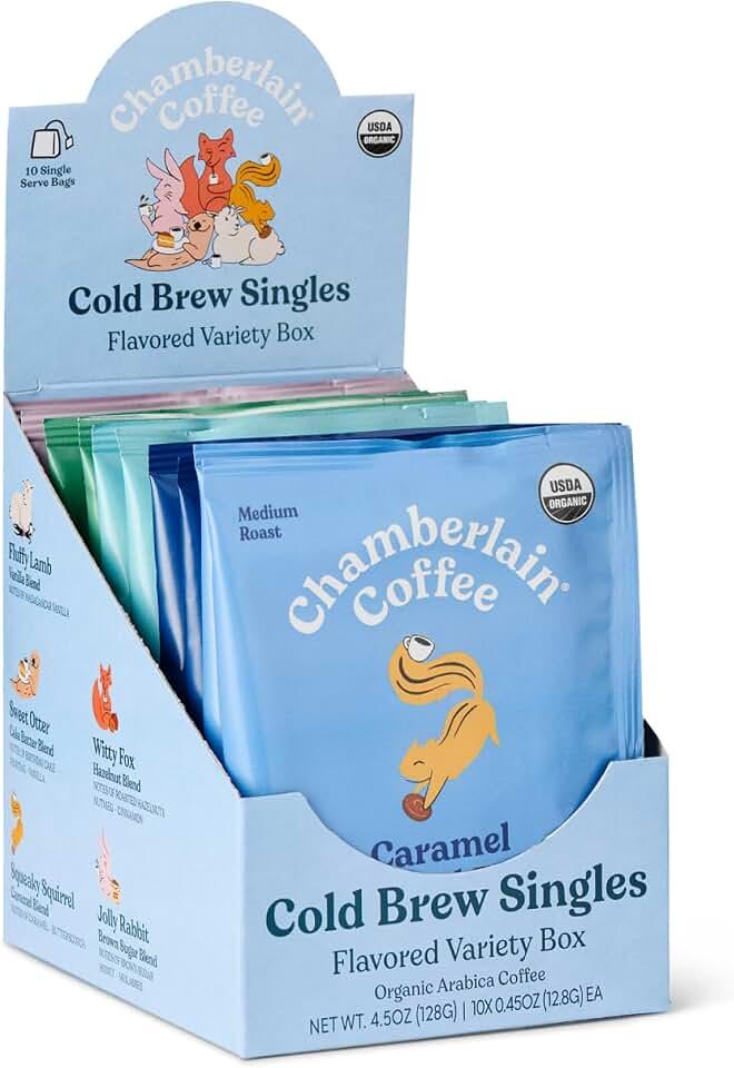 Chamberlain Coffee Toeah Flavored Cold Brew Singles Variety Pack – Cold Brew Coffee Grounds – Brew Hot or Iced - Organic