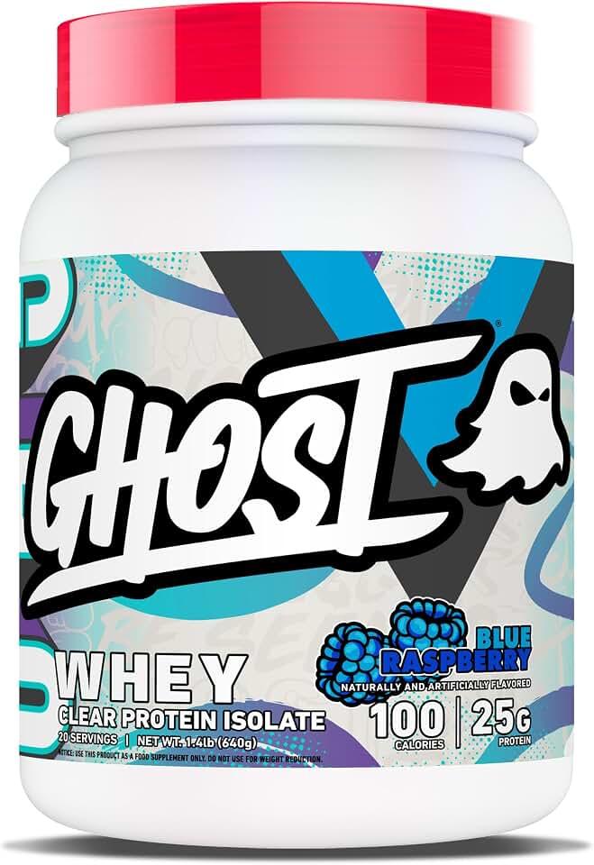 GHOST Proteína de suero de leche en polvo Clear Whey Isolate, frambuesa azul - Envase de 1.4 lb, 25 g de proteína de sue