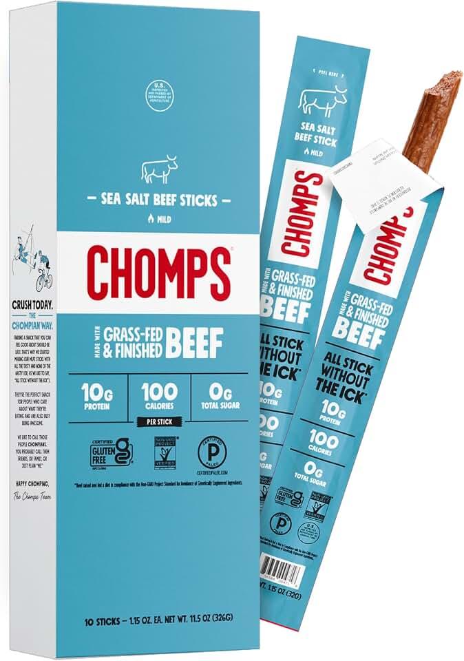 Chomps Sticks De Snack De Carne Secina De Carne Sal Marina Alimentados Con Hierba Y Acabados Paquete De 10 - Keto, Paleo