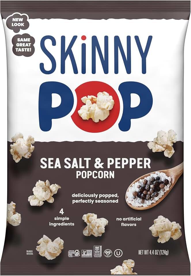 SkinnyPop Sea Salt &amp; Pepper Popcorn, Gluten Free, Non-GMO, Healthy Popcorn Snacks, Skinny Pop, 4.4oz Grocery Size Ba