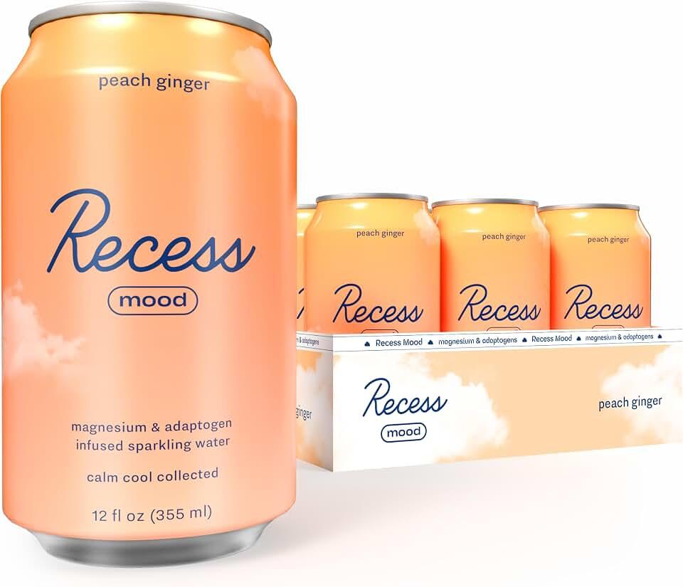 Recess Mood Magnesio Y Adaptógeno Bebida, Relajación Bebida, 12 Onzas (Melocotón Jengibre, Paquete De 12)