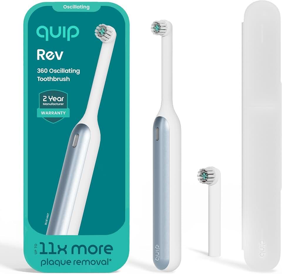 Quip Rev - cepillo para polvo de dientes eléctrico oscilante recargable con cabezal de cepillo para polvo extra, cerdas 