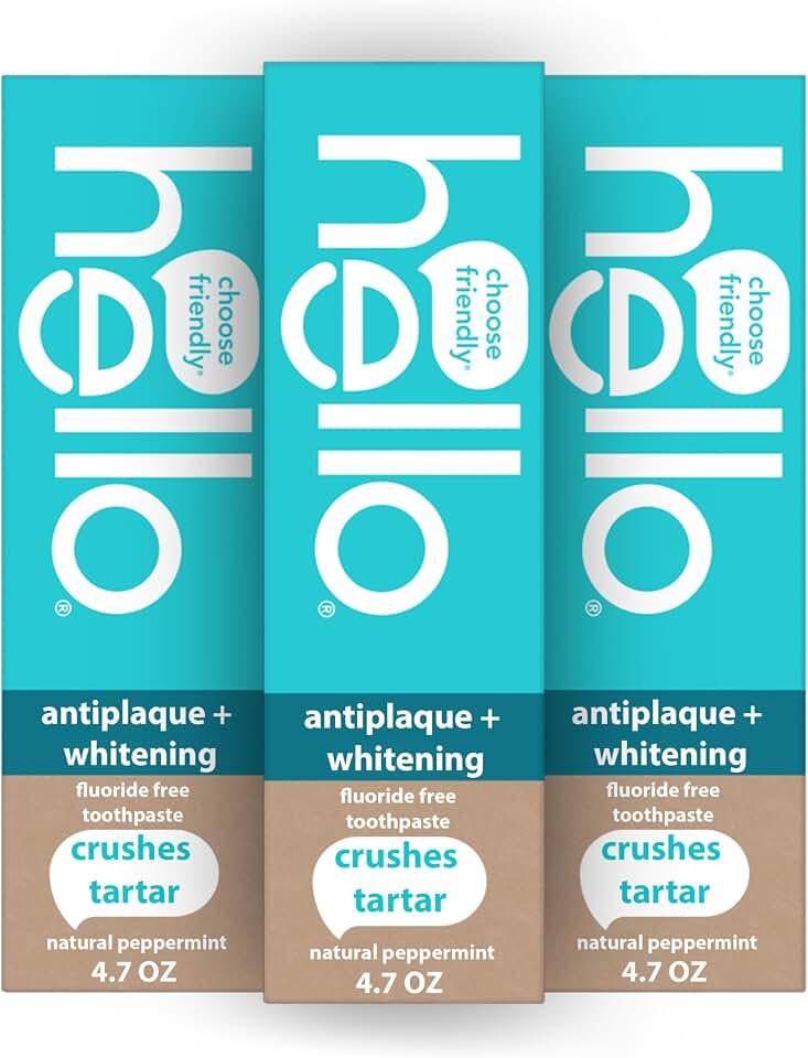 Hello Antiplaque Whitening Toothpaste, Fluoride Free Toothpaste for Teeth Whitening with Natural Peppermint Flavor and T