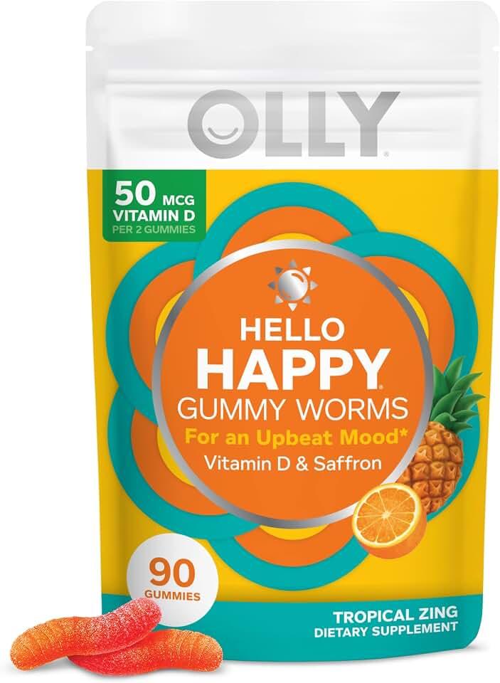 OLLY Hello Happy Gummy Worms, Mood Balance Support, Vitamin D, Saffron, Adult Chewable Supplement, Tropical Zing - 90 Co