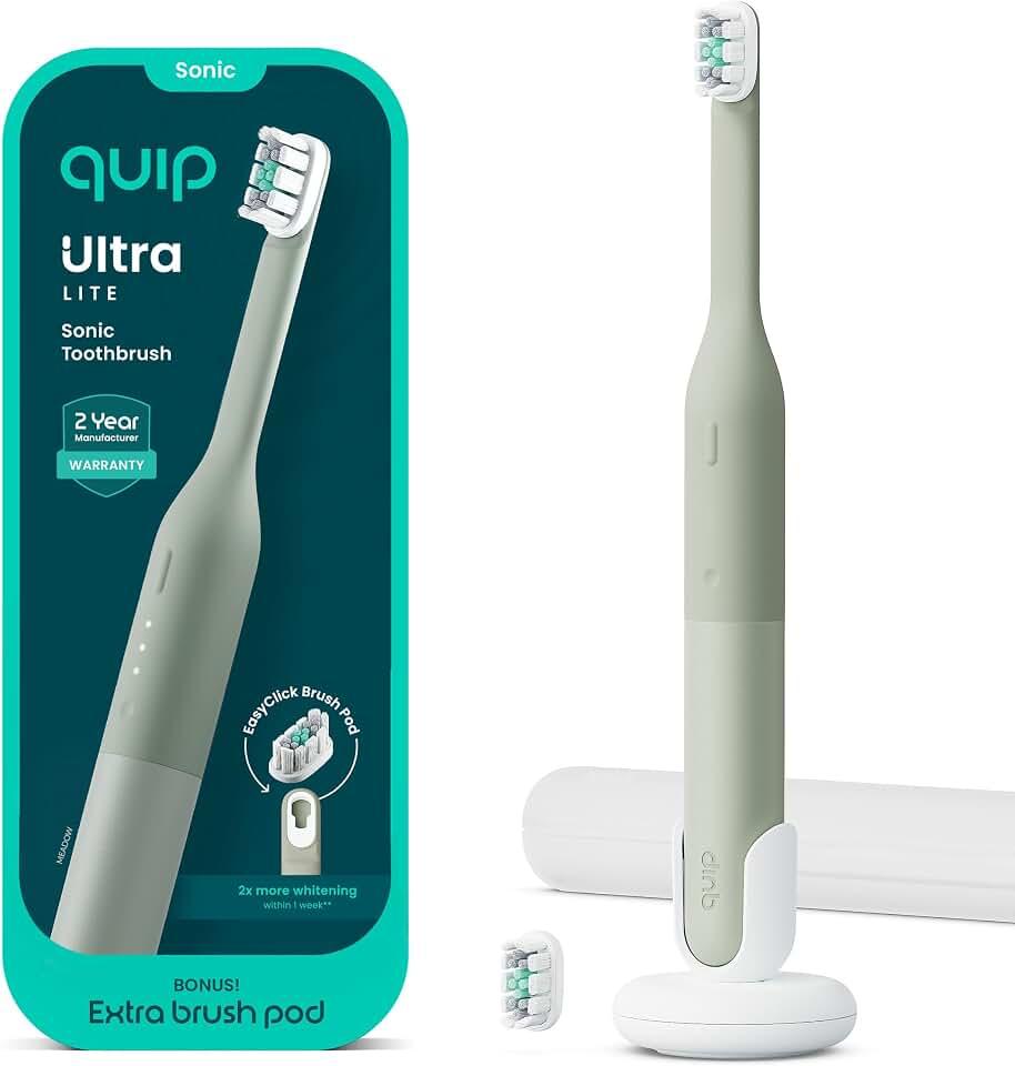 Quip Ultra Lite Sonic Cepillo de dientes eléctrico, diseño delgado y ligero, 3 modos de cepillado, 15 veces más eliminac
