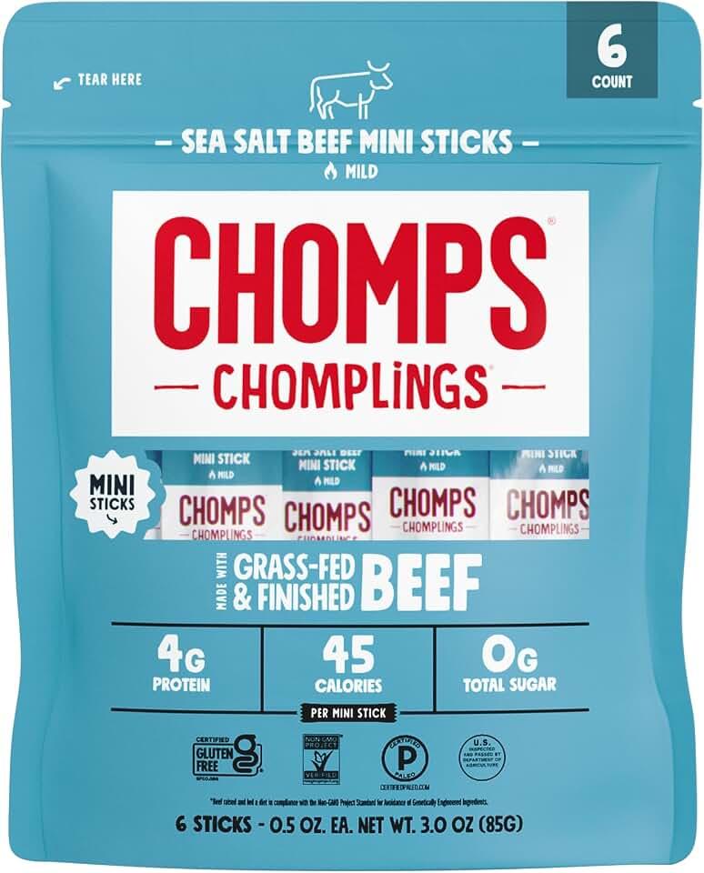 Chomps Mini Palitos De Cecina De Res Con Sal Marina, Alimentados Con Pasto Y Terminados (Paquete De 6) - Cetogénicos, Pa
