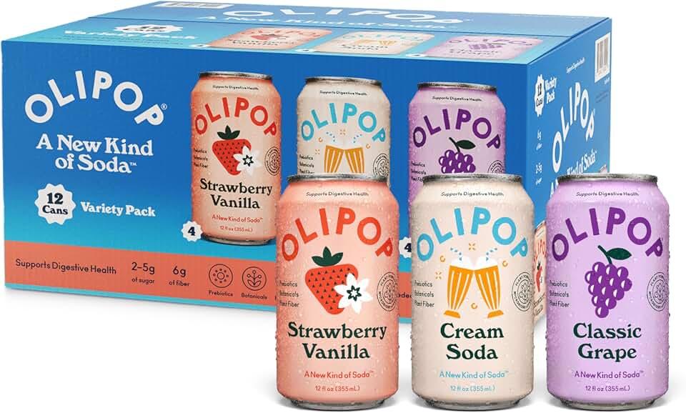OLIPOP Prebiotic Soda Pop, 3 Flavor Variety Pack, Prebiotics, Fiber, and Botanicals, Gluten, GMO, 12oz (12-Cans)