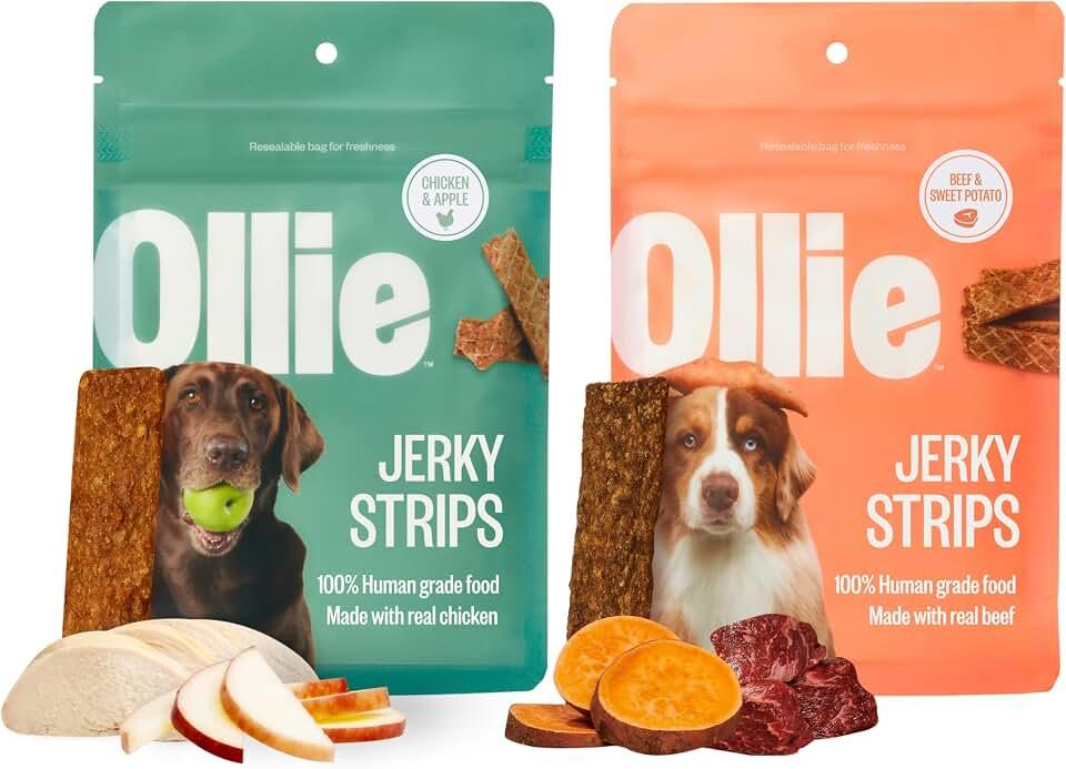 Ollie Jerky Variety Pack: Chicken/Apple &amp; Beef/Potato, 2pk | All-natural, human-grade dog jerky treats, meat-first r