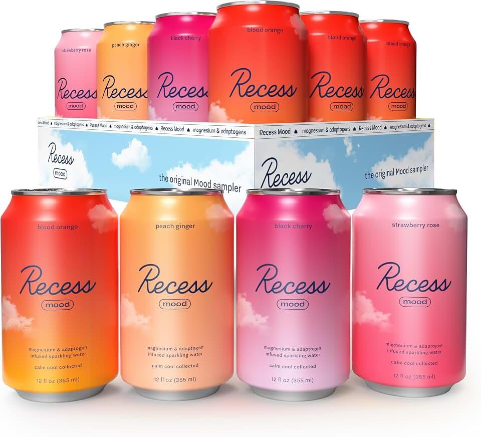 Recess Mood Magnesio Suplemento Bebida Calmante Bebida, 12 Onzas, Paquete De 12 (Paquete Variedad, Paquete De 12) *Sabor