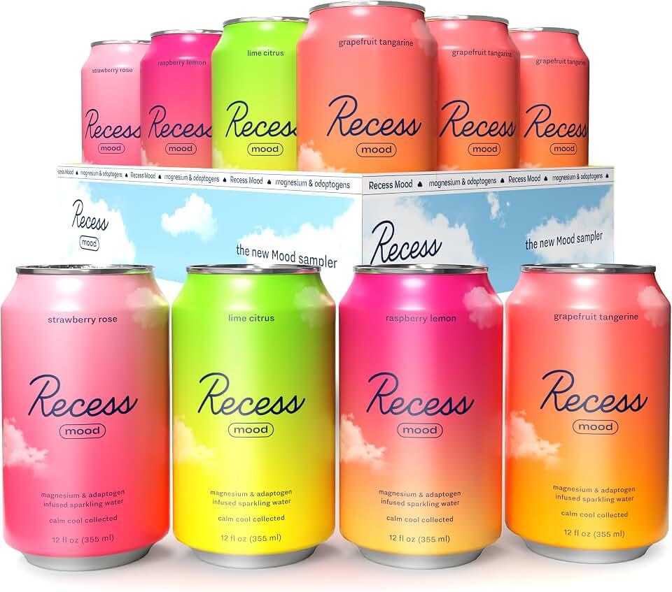 Drink Recess Inc. Bebida Calmante Con Suplemento De Magnesio Recess Mood, 12 Onzas, Paquete De 12 (Paquete Variado, Paqu