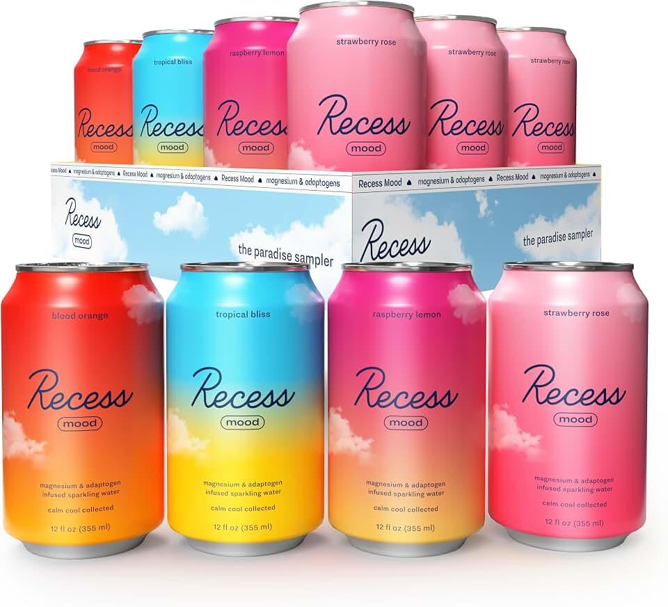 Recess Mood Magnesio Y Adaptógeno Bebida, Relajación Bebida, 12 Onzas (Paradise Sampler Variety Pack, 12 Pack)